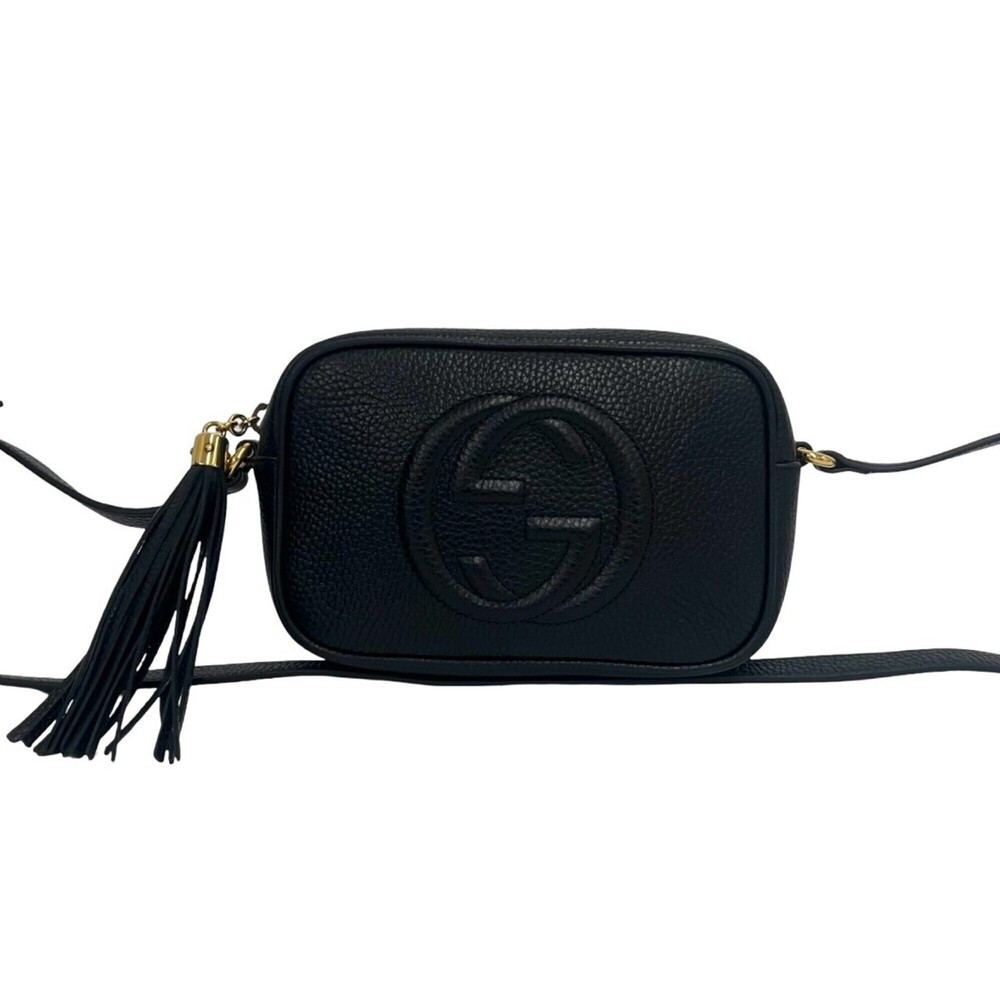 GUCCI Soho Interlocking G Tassel Leather Mini Shoulder Bag Pouch Black 93668
